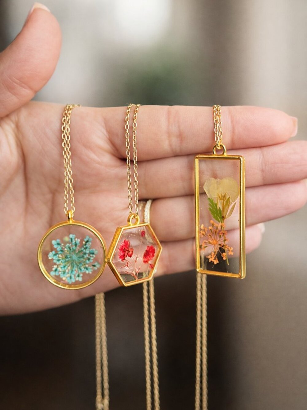 Handmade Pressed Flower Resin Necklace • Dried Flowers • Gold Frame Pendant •
